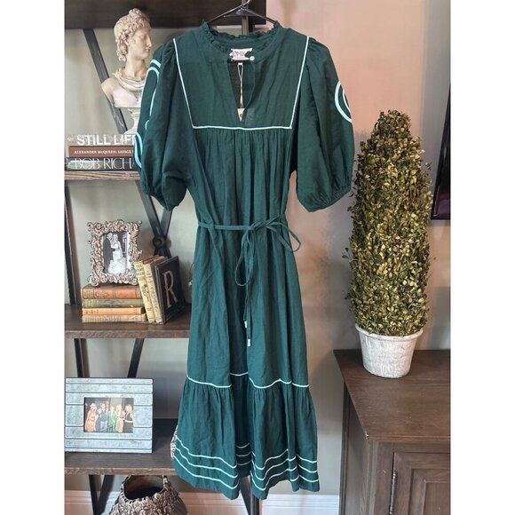 Anthropologie Omika Wren Belted Embroidered Midi Dress Green Dragonfly Womens Si - Picture 1 of 6